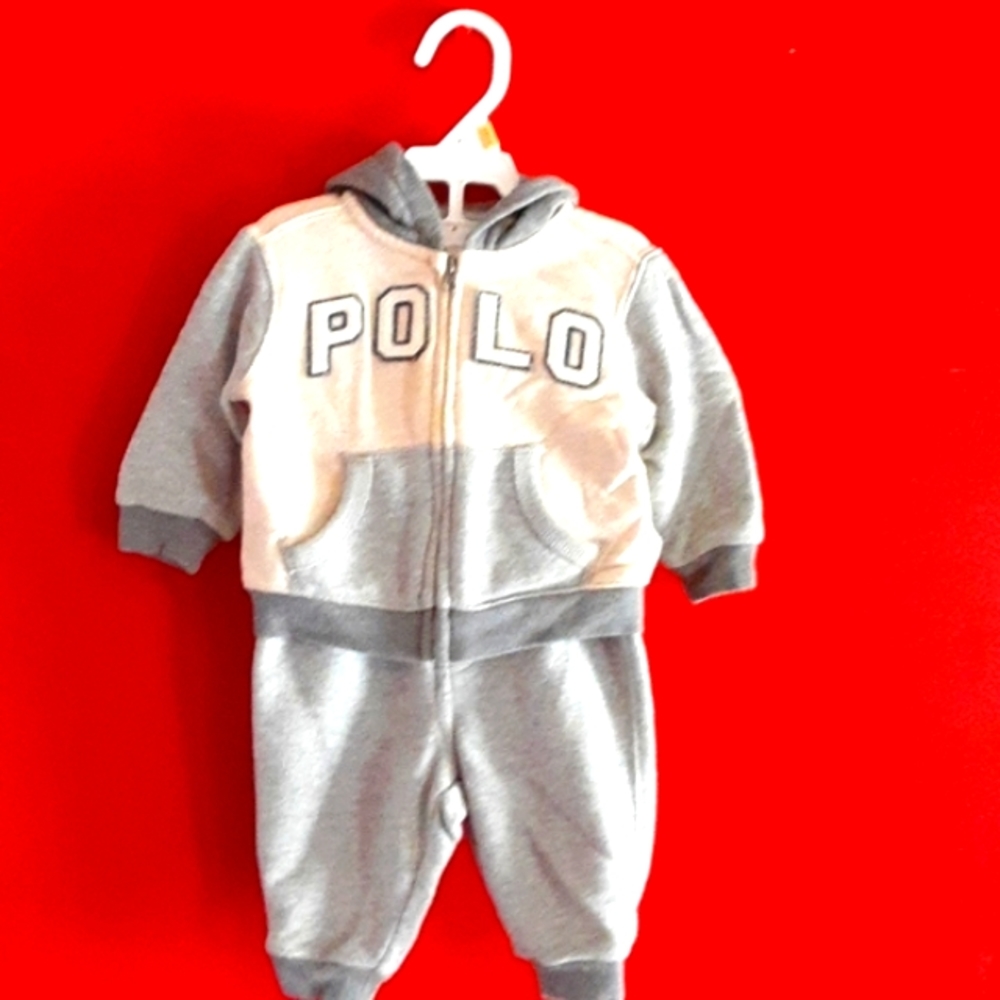 Ralph Lauren Polo Gray/Oatmeal/Navy-trim matching sweatsuit Size 6M
